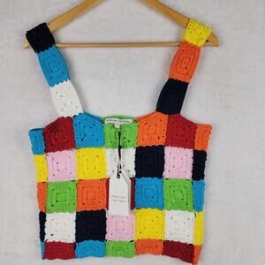 Bohemian Large Crop Tank Top Colorful Crochet Patchwork Wide Straps Festival Y2K